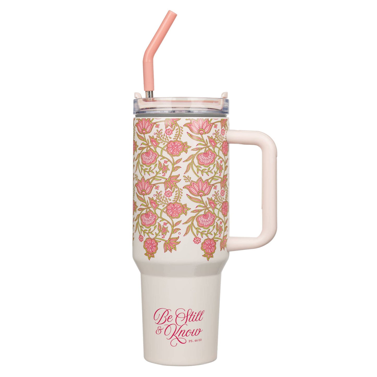 Be Still Ps. 46:10 Pink tumbler with SS straw