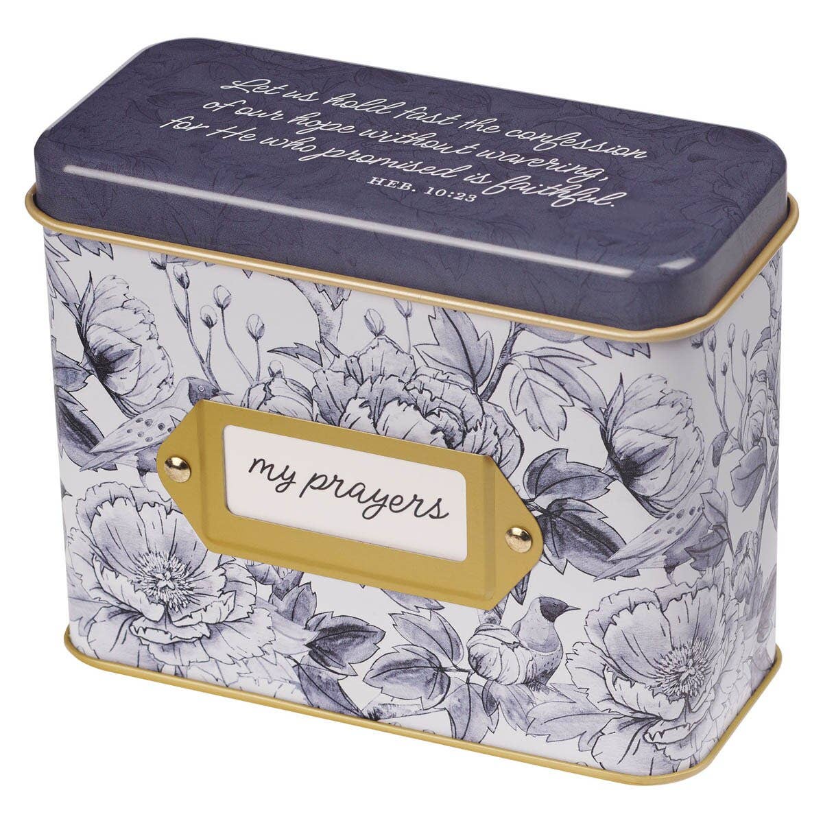 Christian Art Gifts - Cards In Tin Blue Floral My Prayers Hebrews 10:23