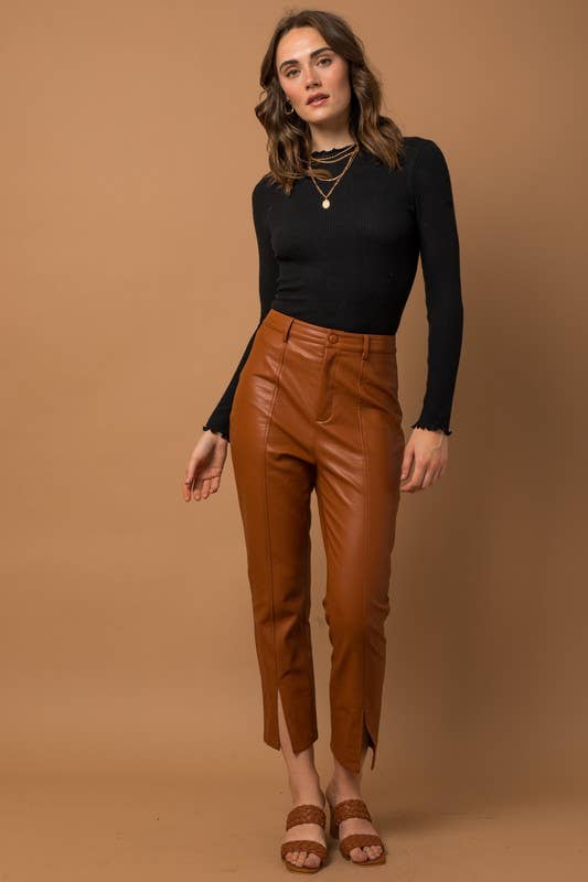 High Waisted Split Hem Vegan Leather Pants