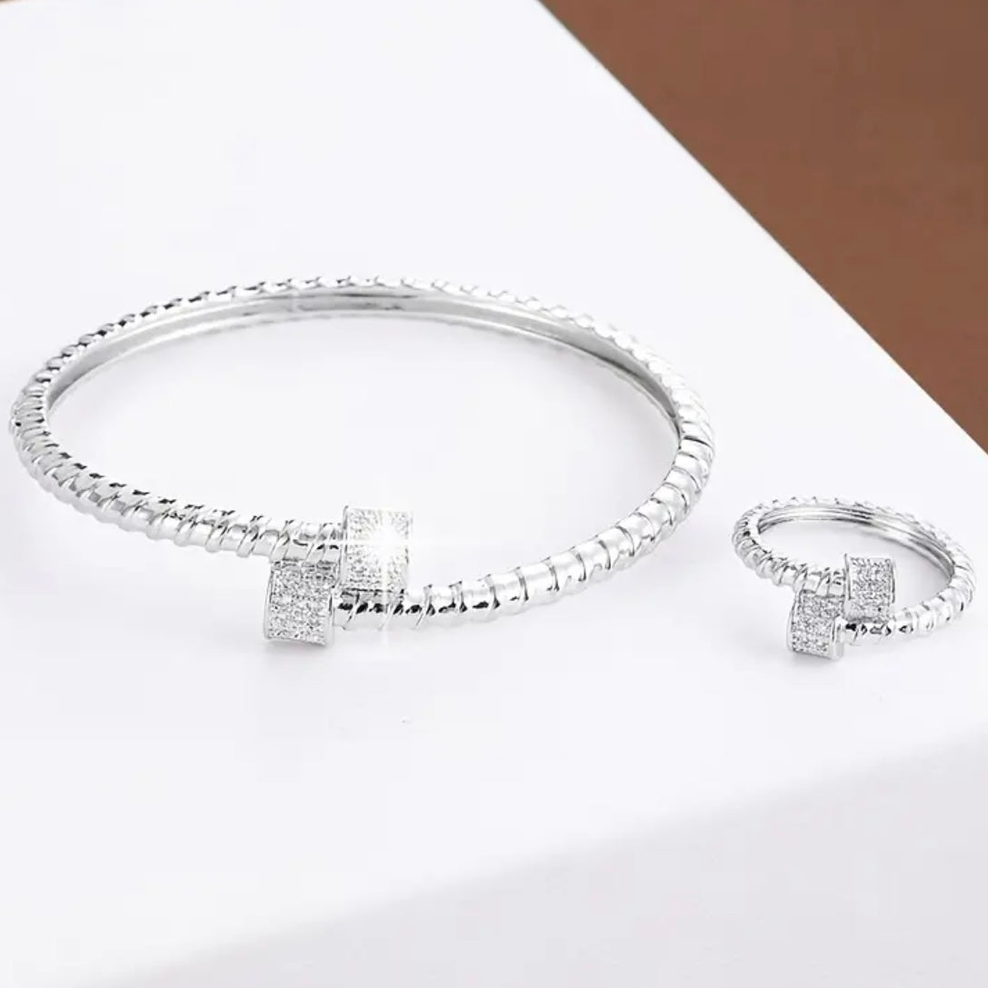 Rhinestone square bangle and ring.