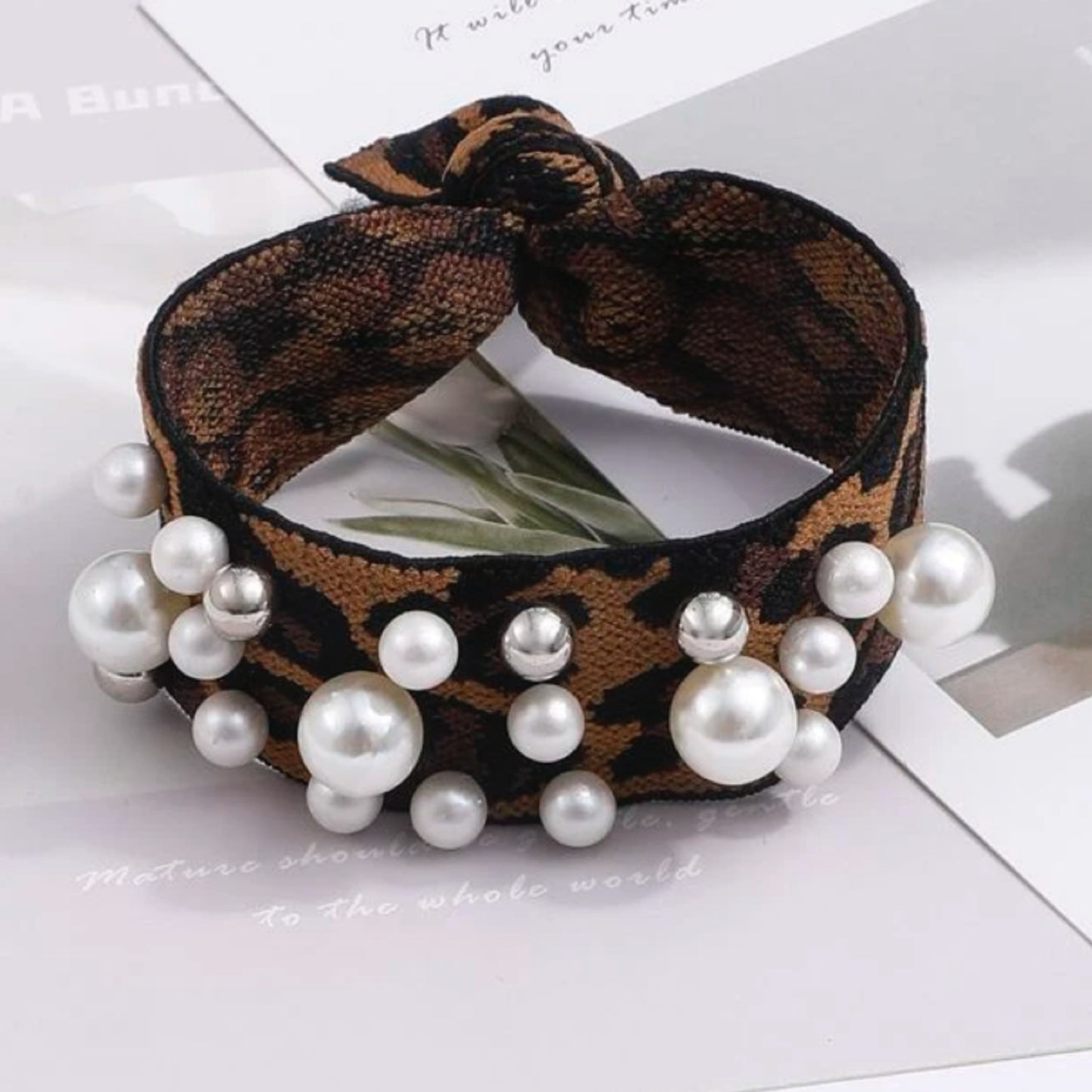 Cheetah and Pearls hair tie